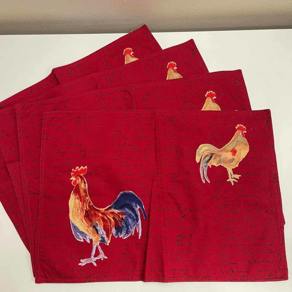 4 Williams Sonoma Placemats Rooster‎ French Script Cotton Cottage Farm Country